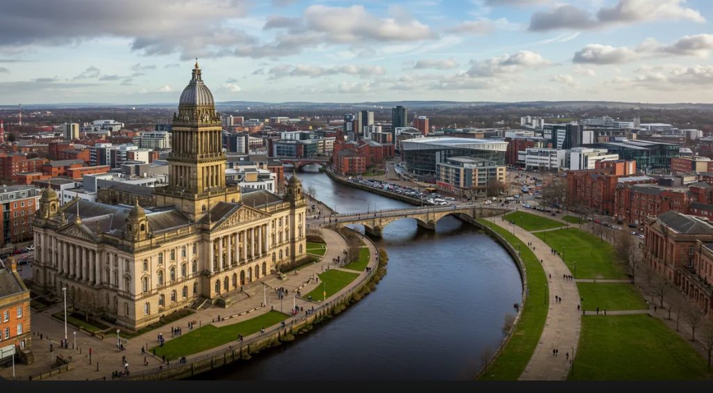 Leeds city centre and the River Aire, West Yorkshire